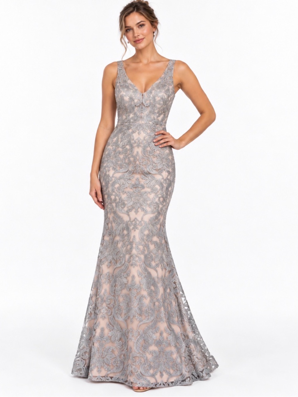 Eliza J NWT Silver Sequin Lace V-Neck Formal Gown Blush Pink Long